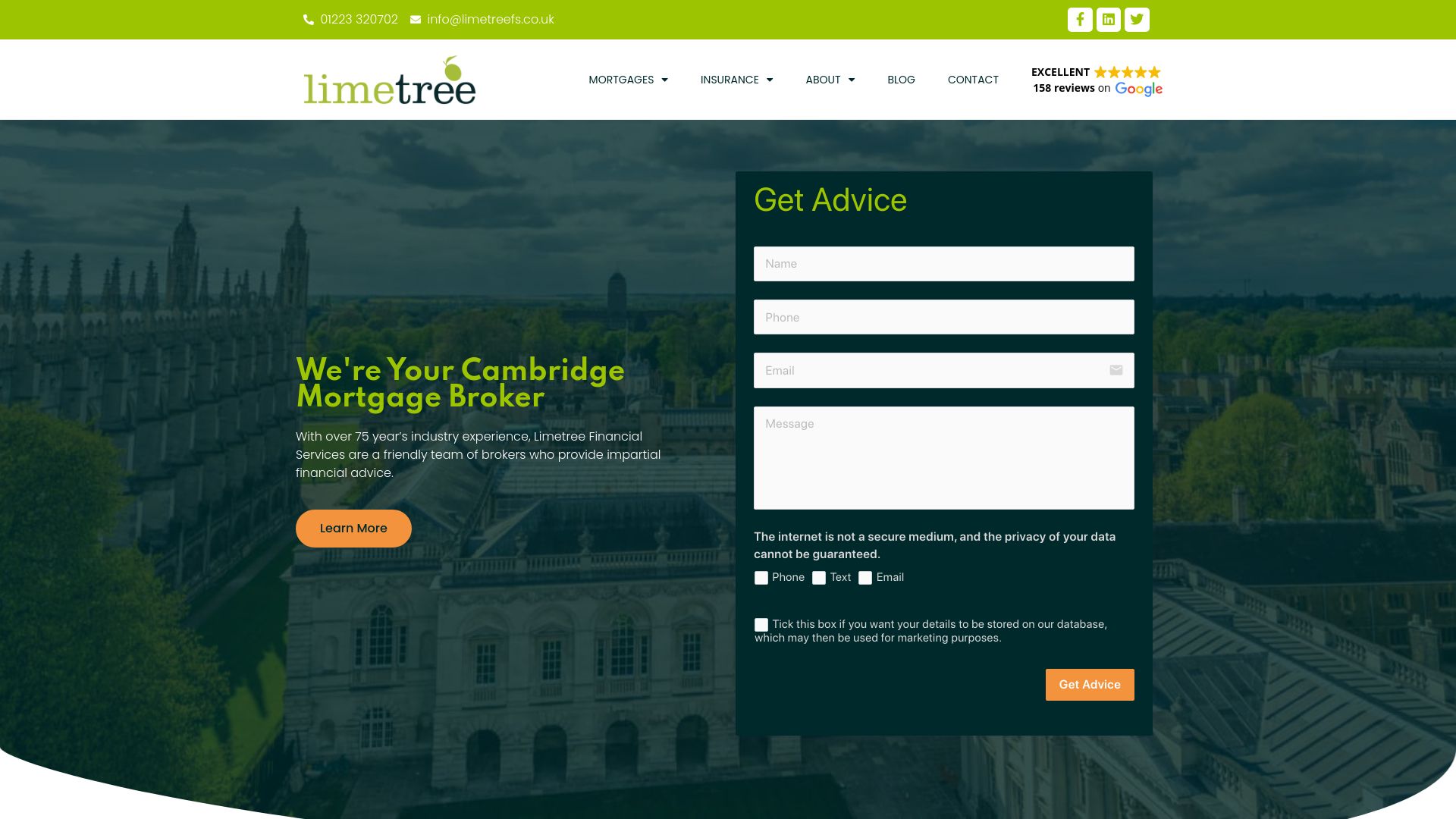 Screenshot of Limetree Financial Services Cambridge's website